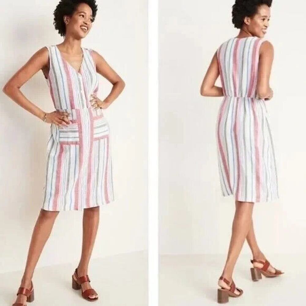 Old Navy Striped Linen Blend Dress Sz Small Sleeveless Button Front Pockets